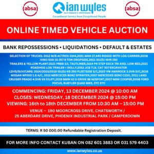ONLINE TIMED VEHICLE AUCTION - 13-18 DECEMBER 2024